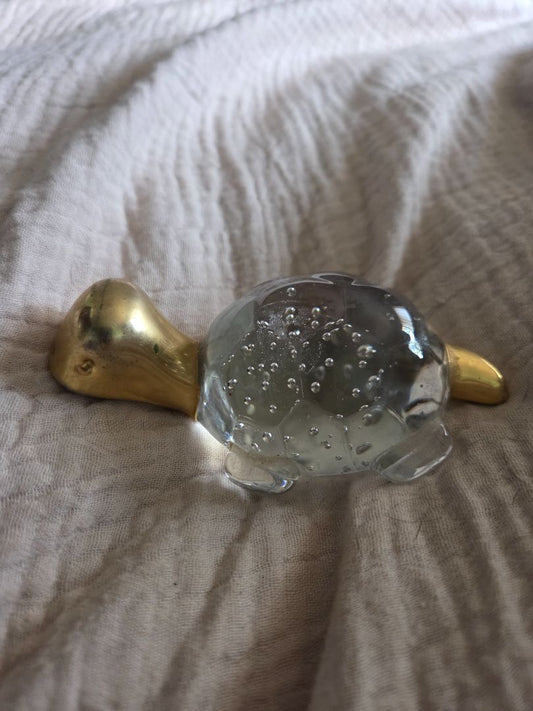 Clear Art Glass Bullicante Turtle Gold Face & Tail Figurine Paperweight 1980