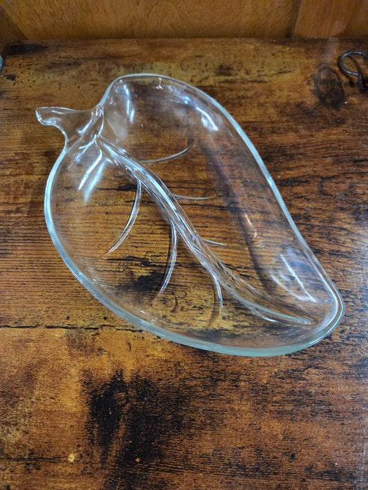 Vintage Pressed Glass clear, long leaf candy or nut dish