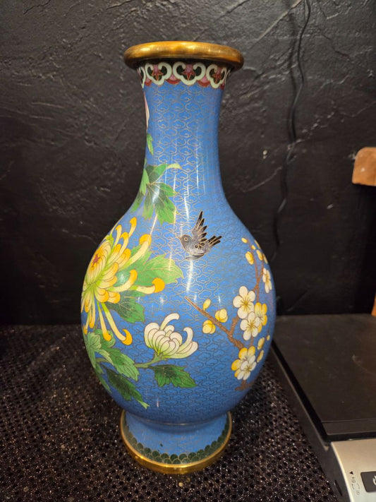 Vintage Blue Cloisonne Vase Oriental Peony & Bird Decor 1950's