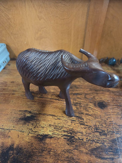 Vintage Hand Carved Wooden Wood Bull Figurine Or Buffalo Sculpture Handmade