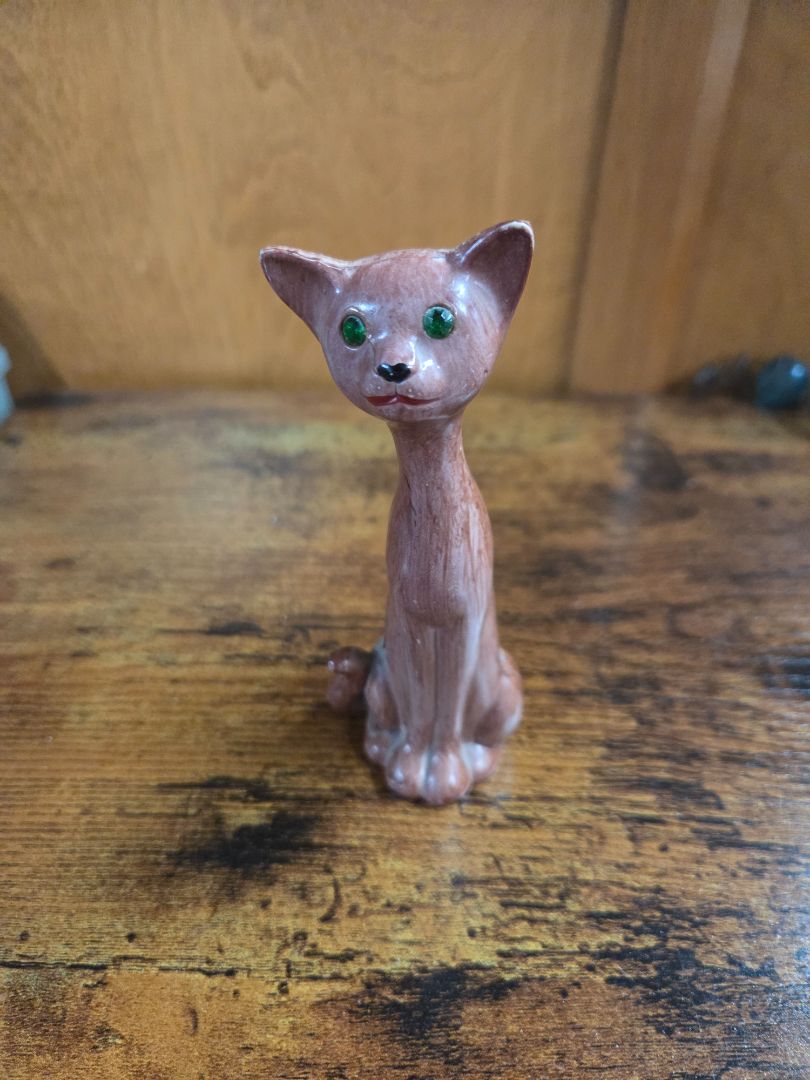 Vintage MCM Long Neck Cat Figurine Brown Plastic Faux Wood Green Rhinestone Eyes