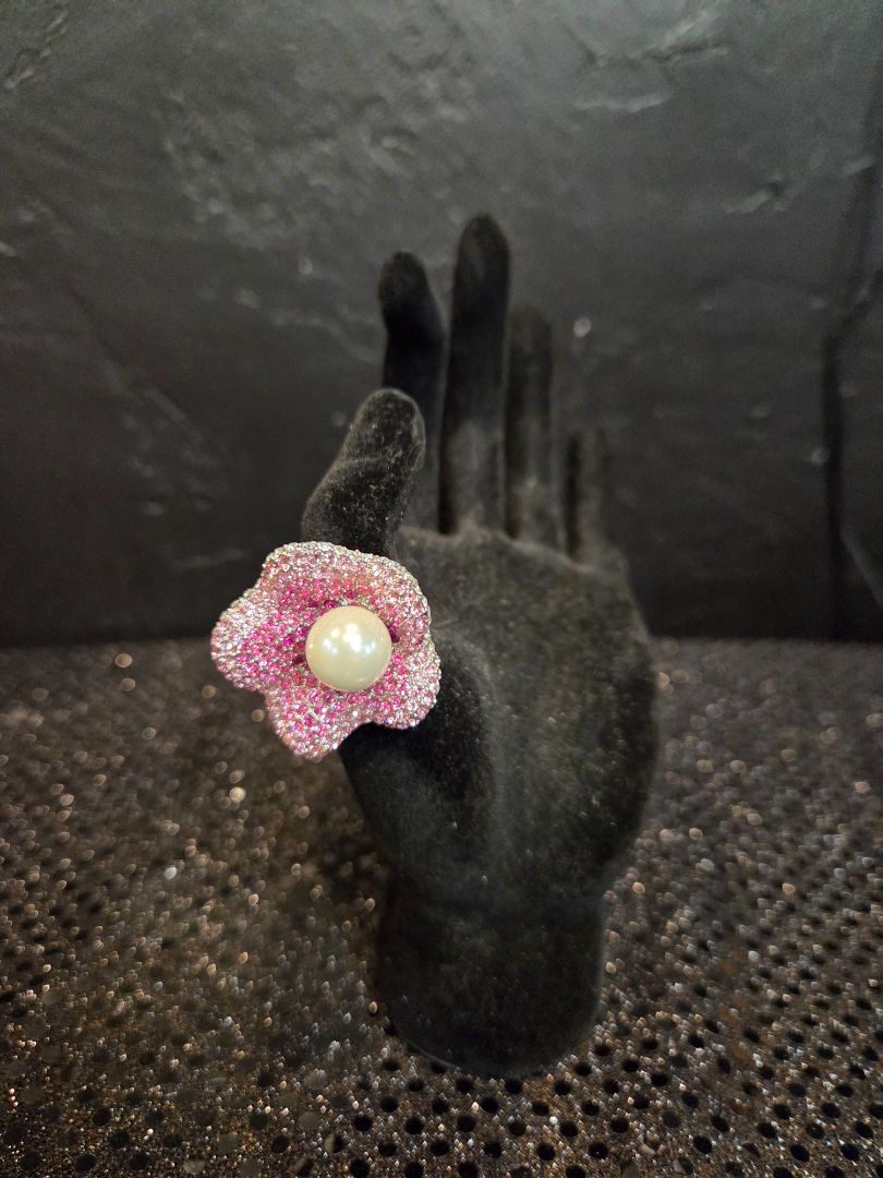 Cocktail Ring Joan Boyce Pink Pave Floral Ring with Large Pearl size 7