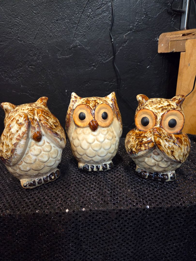 See No Evil Hear No Evil Speak No Evil Ceramic cream Brown 5.5" Owl Set o