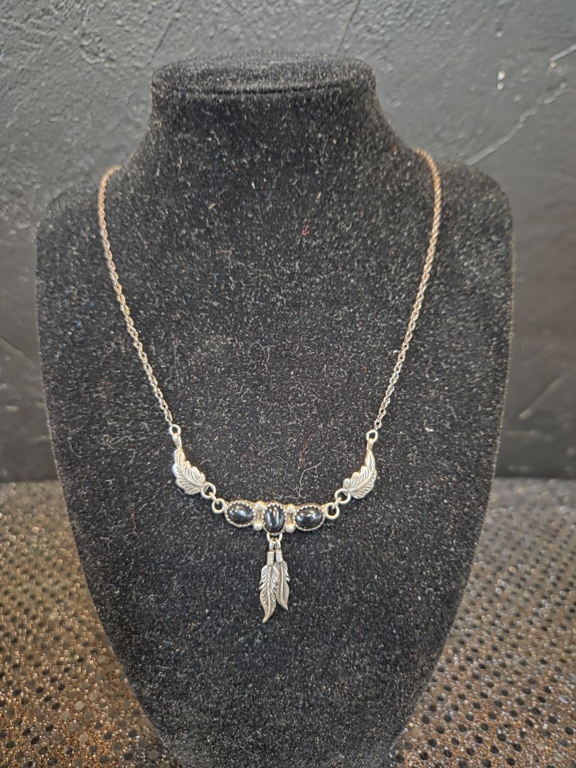 Vintage Native American Black Onyx 925 Sterling Necklace