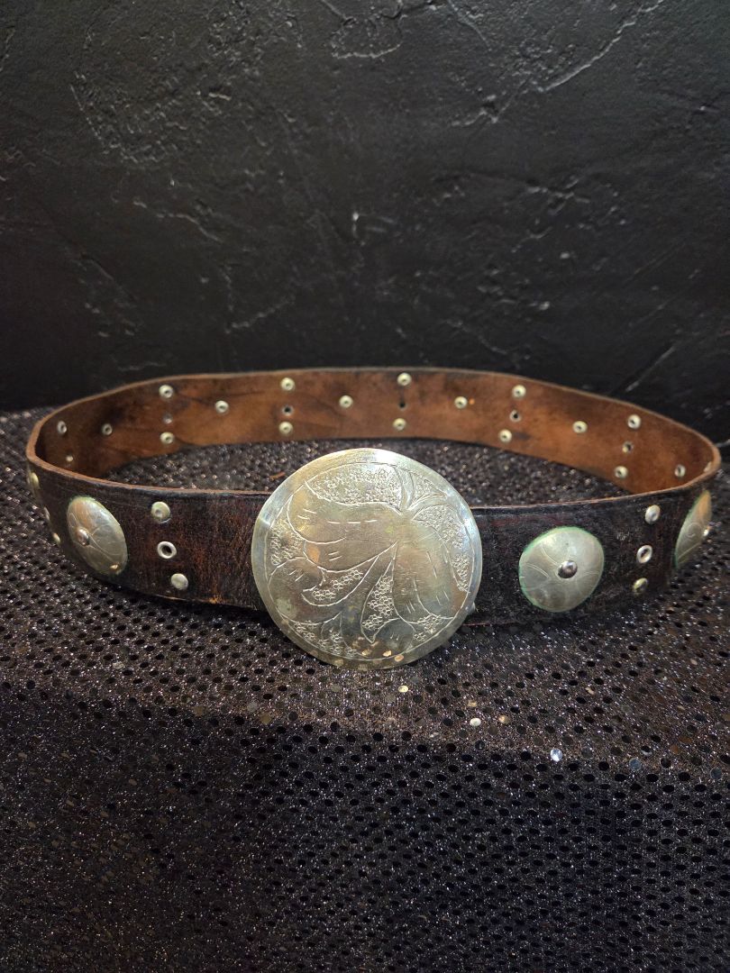 Hand Made Brown Leather Belt with Ornate Belt Buckle 38 inches