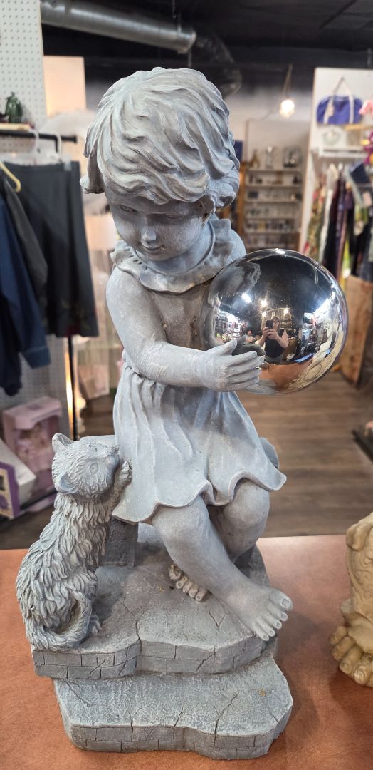 Girl on a Bench with Cat and Ball Resin Garden Art