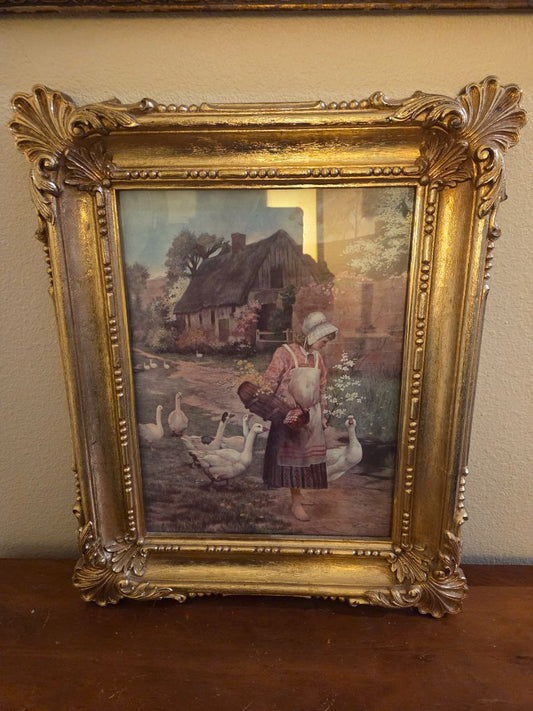 Vintage 1978 Girl with Geese in gold frame