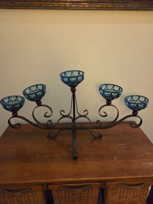 Wrought Iron Candleabra with blue glass holders