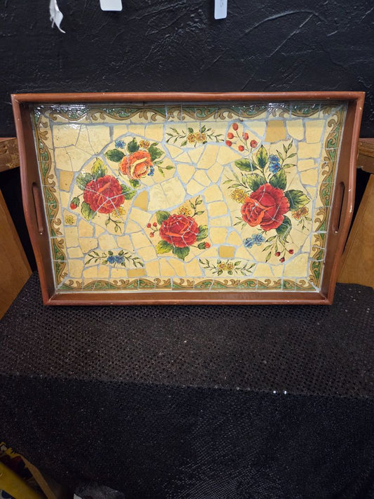 Vintage Mosaic and Wood Serving Tray