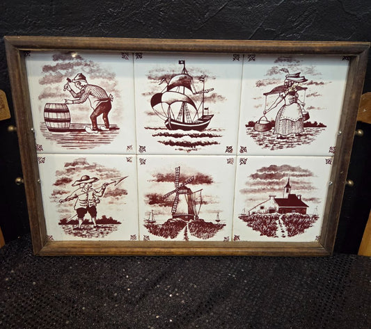 Delftware 6 Rare Sepia Tiles Wooden Frame Tray