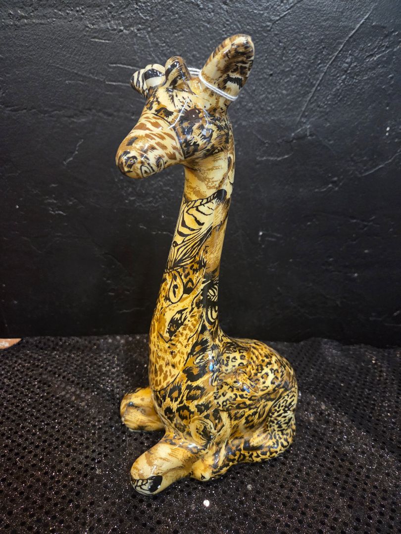 Mother Giraffe Figurine Safari Statue Glazed Patchwork