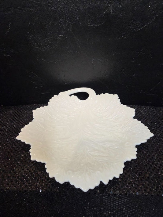 Vintage Fenton Embossed Milk Glass Leaf Dish