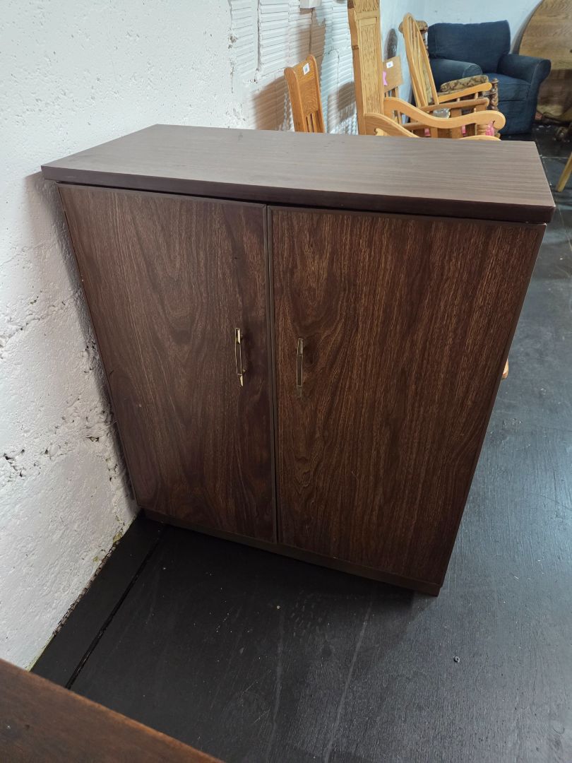 Vintage Mid-Century Modern Metal Faux Wood Veneer Cabinet Storage Cupboard