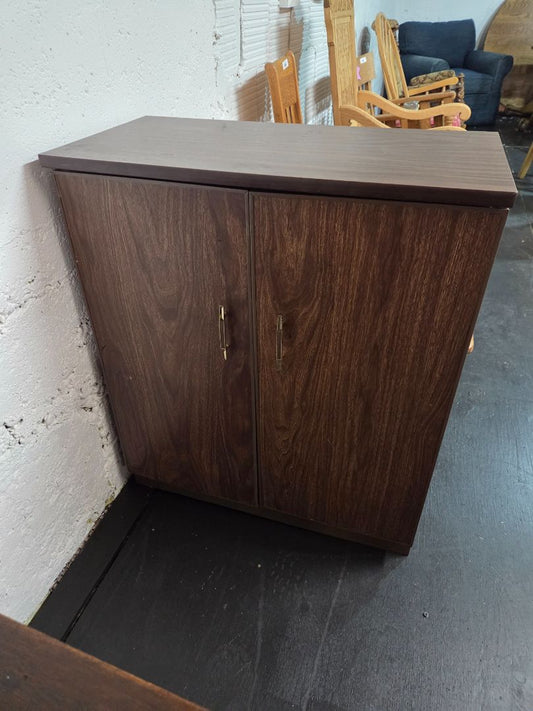 Vintage Mid-Century Modern Metal Faux Wood Veneer Cabinet Storage Cupboard