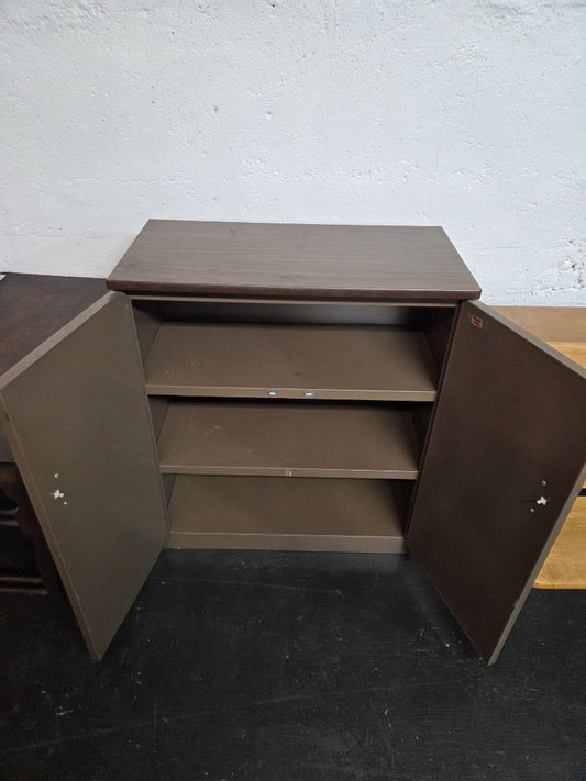 Vintage Mid-Century Modern Metal Faux Wood Veneer Cabinet Storage Cupboard