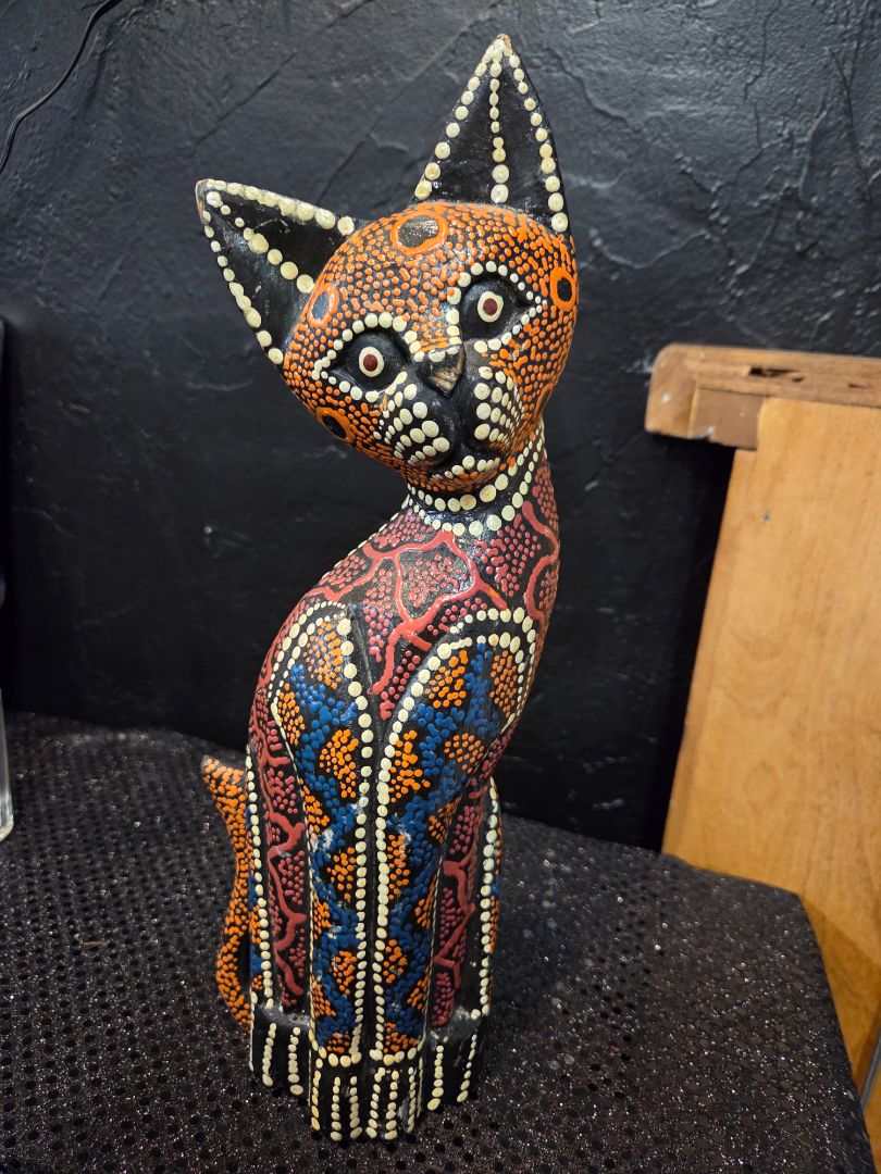 Carved Wood Cat Hand Dot Painted Folk Art