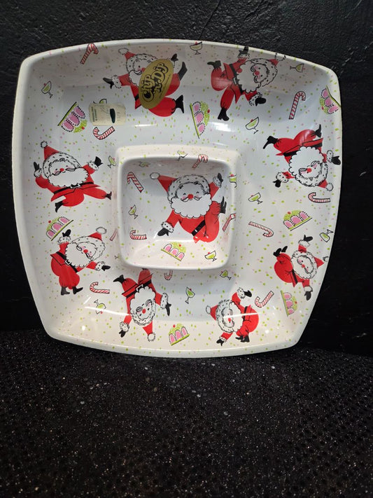 Vintage Christmas Dancing Santa Chip and Sip Bowl Snack Serving Tray Ullman Co