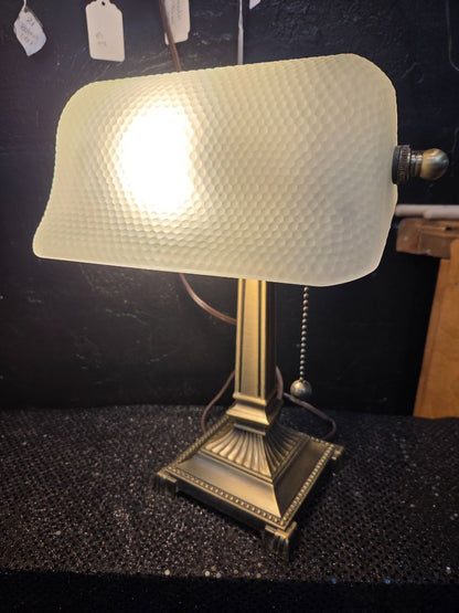Bankers Lamp Brass/Metal & Frosted Pebbled Embossed Glass Shade