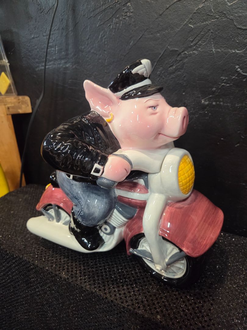 Vintage 1996 Clay Art "Road Hog" Pig on Motorcycle Cookie Jar