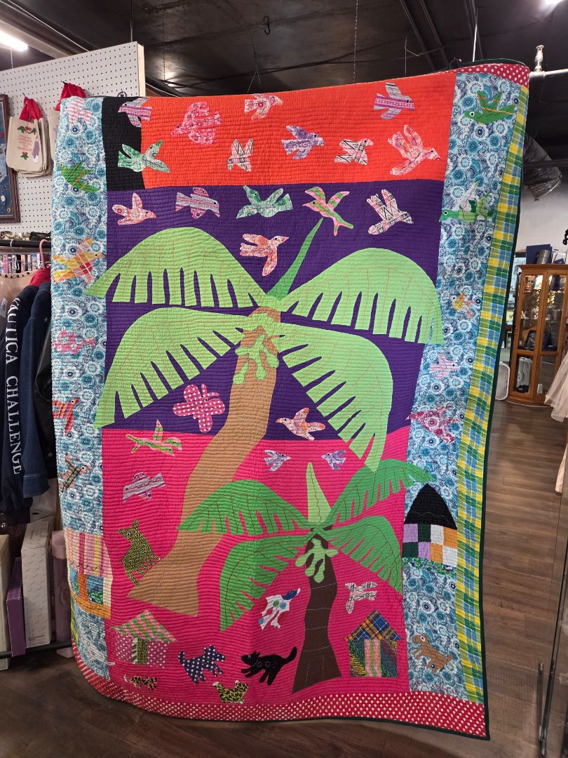 Hand made quilt palm trees and birds 64x86