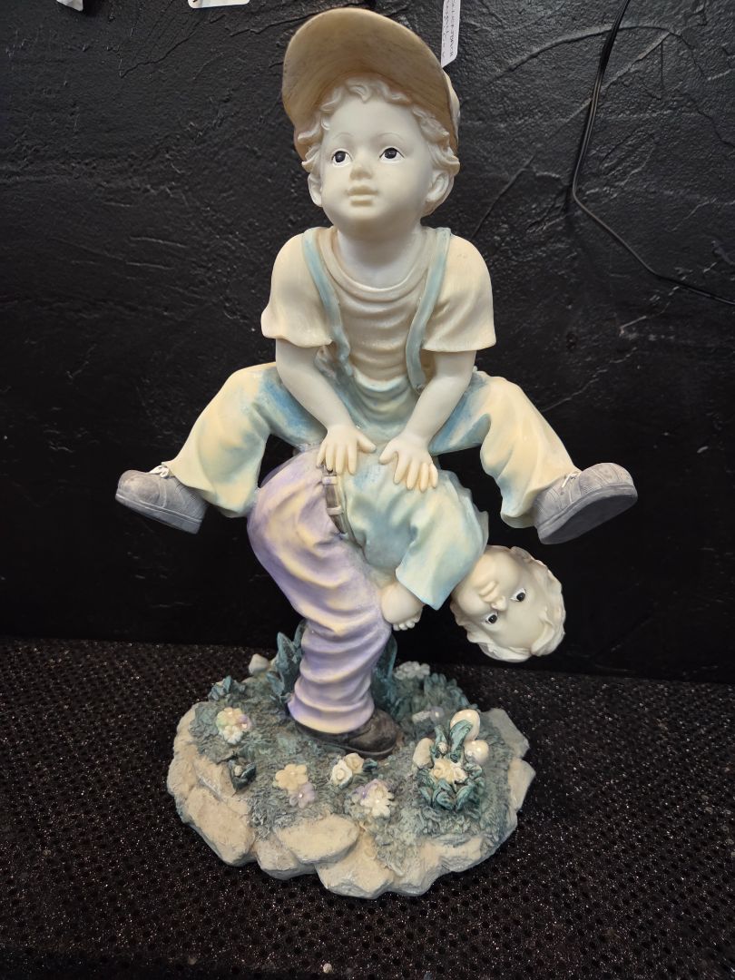 Resin Garden Statue Young Boys Playing Leap Frog 14 inches tall