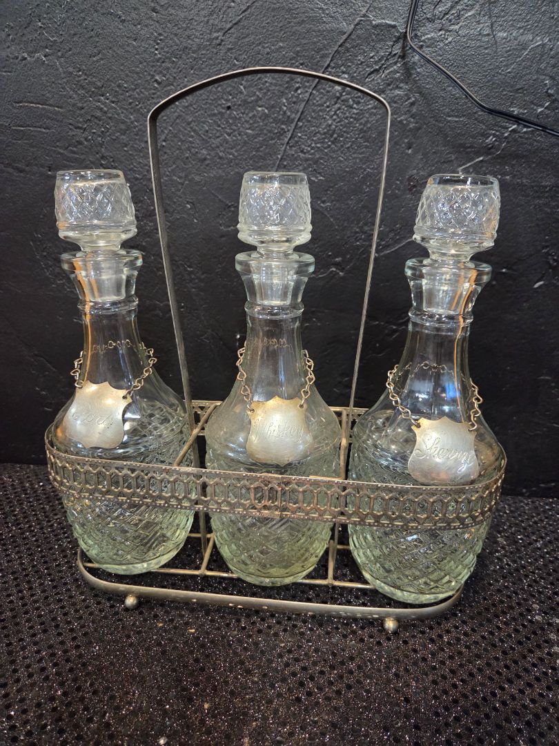 MCM Pressed Glass 4 Piece Liquor Decanter Bottle Set with Stoppers and Metal Caddy
