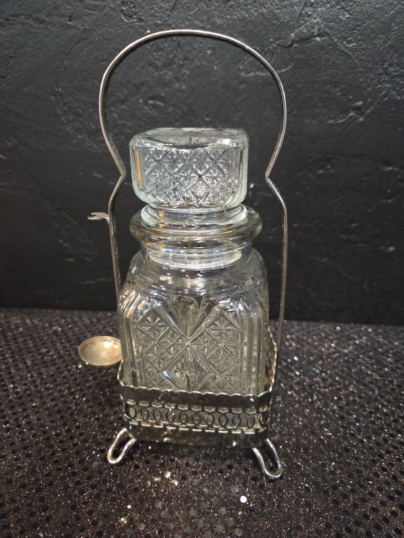 Vintage cut Glass Castor Pickle Jar with Caddy