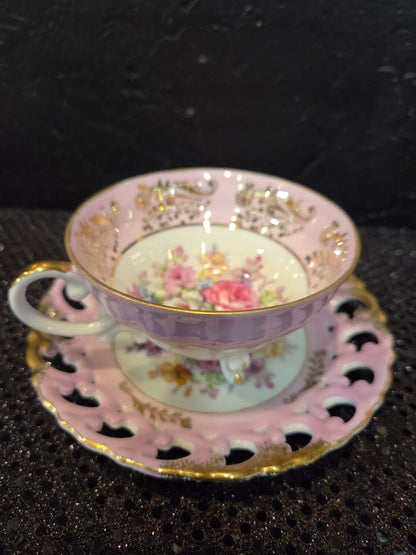 Royal Sealy 3 Foot Pink Lusterware Teacup and Saucer