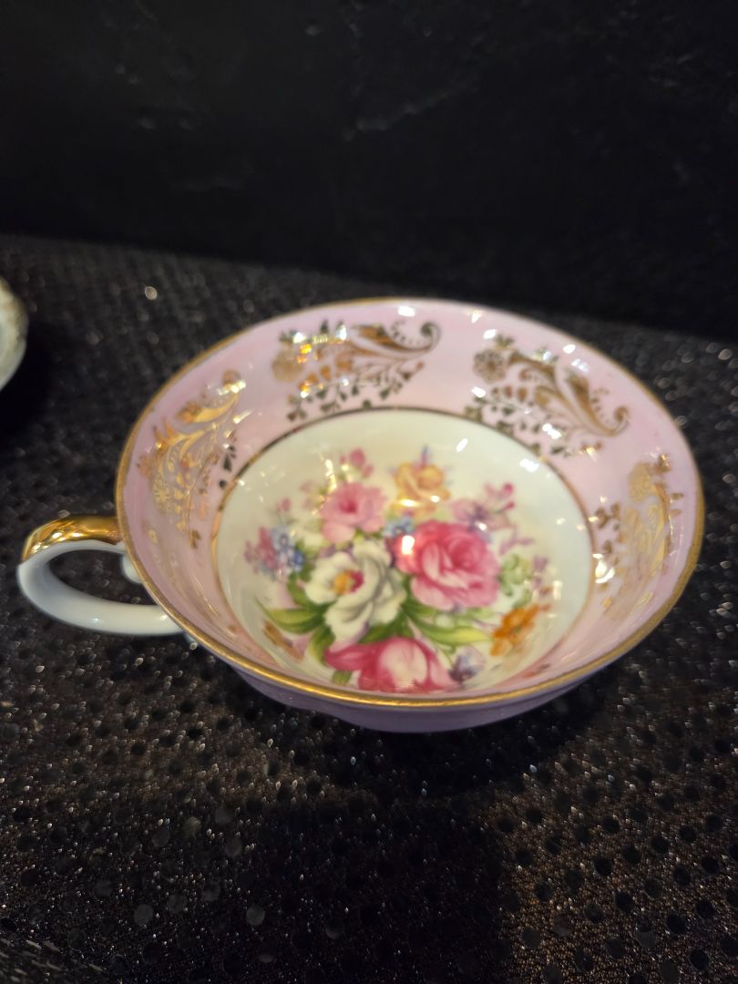 Royal Sealy 3 Foot Pink Lusterware Teacup and Saucer