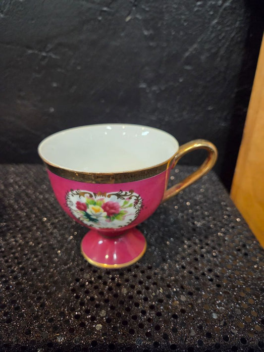 Japanese Shafford Hand Painted Pedestal Pink Teacup and Saucer Roses