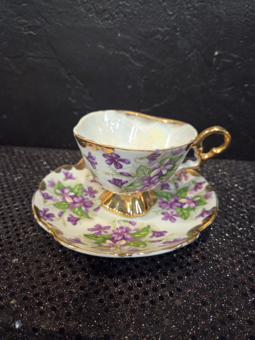 Lusterware Teacup and Saucer Purple Violets and Gold Trim