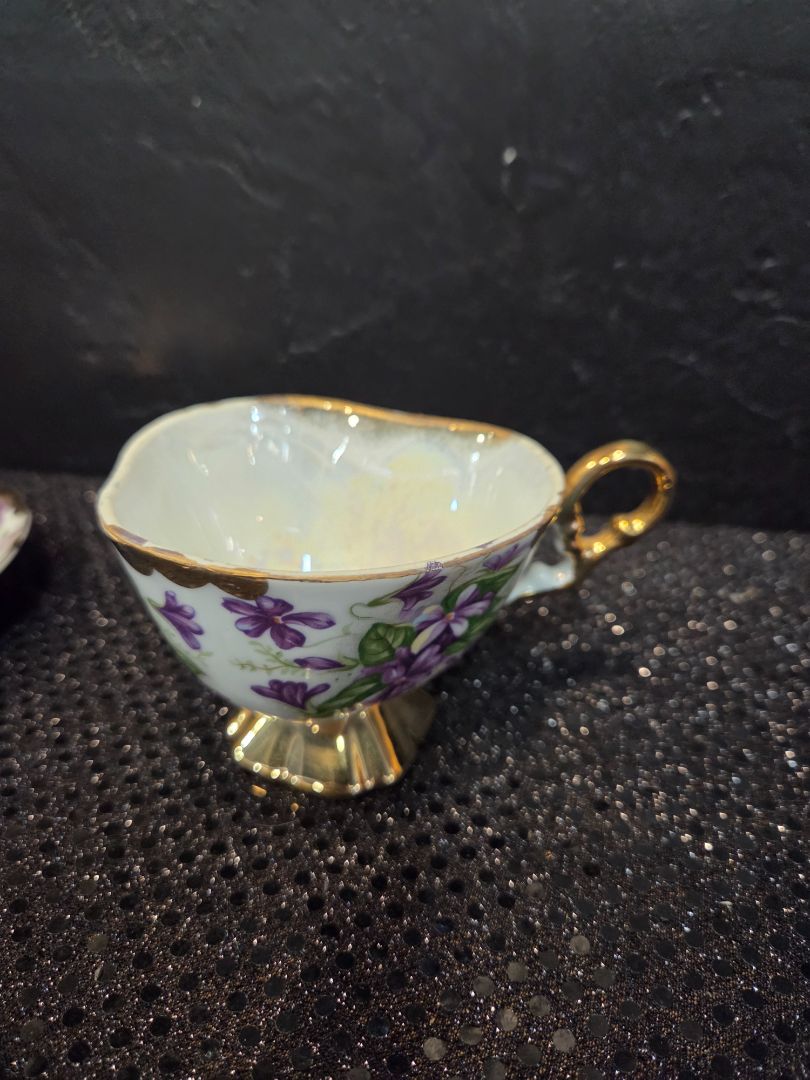 Lusterware Teacup and Saucer Purple Violets and Gold Trim