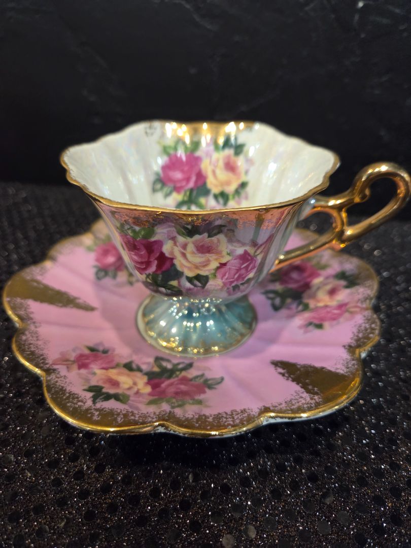 Vintage Royal Halsey Tea Cup and Saucer Pink/Teal/Gold