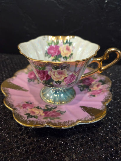 Vintage Royal Halsey Tea Cup and Saucer Pink/Teal/Gold
