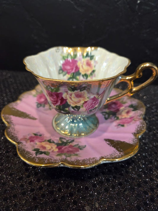 Vintage Royal Halsey Tea Cup and Saucer Pink/Teal/Gold