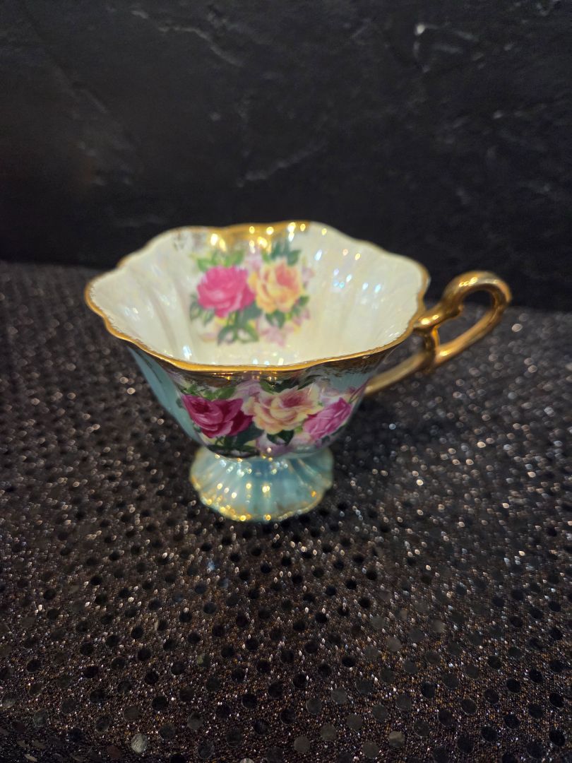 Vintage Royal Halsey Tea Cup and Saucer Pink/Teal/Gold
