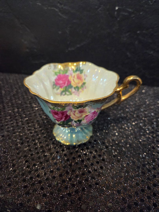 Vintage Royal Halsey Tea Cup and Saucer Pink/Teal/Gold