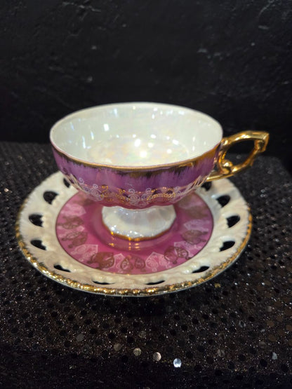 Vintage Tea Cup and Saucer Pink/White with heart pattern