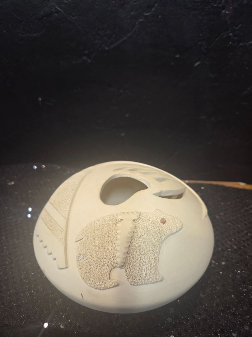 Small Whiteware Pottery with Bear Applique Signed Garcia