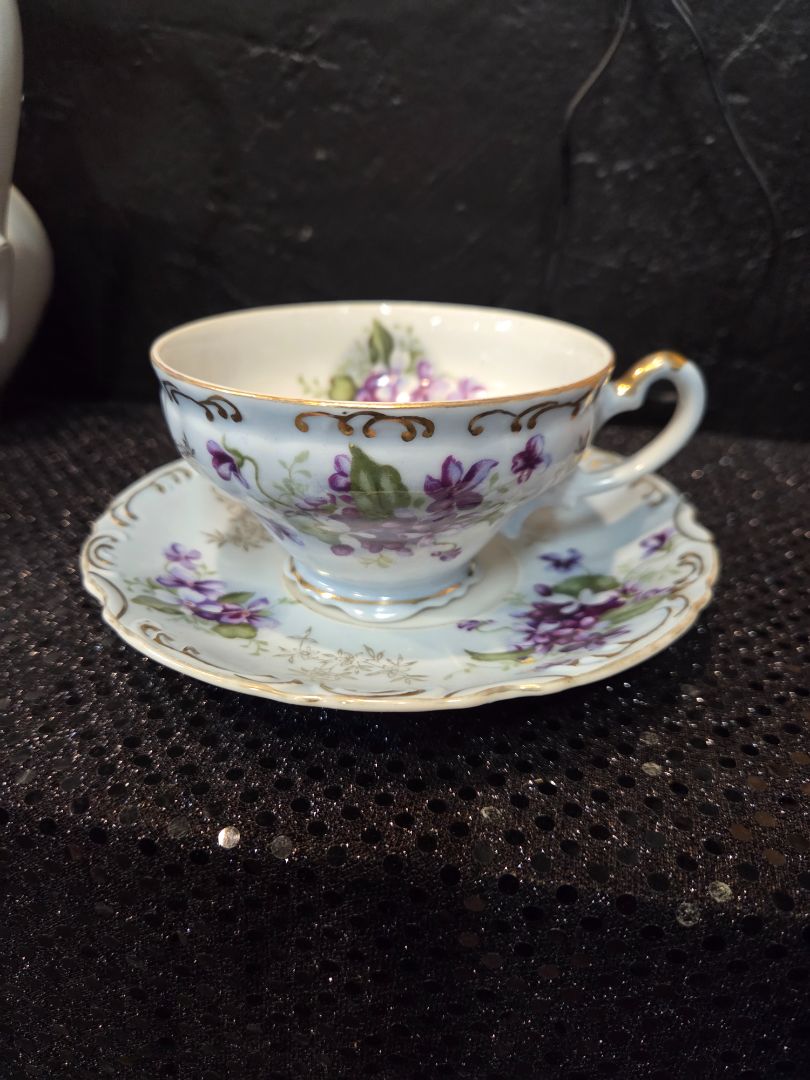 Vintage Lefton China Footed Tea Cup & Saucer Purple and Gold Trim