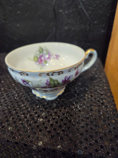 Vintage Lefton China Footed Tea Cup & Saucer Purple and Gold Trim