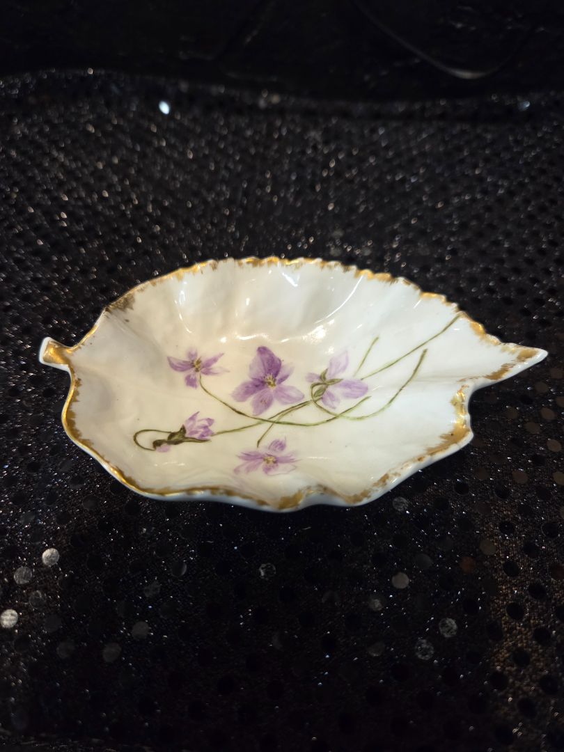 Hand Painted Leaf signed 1893 Purple flowers with gold trim