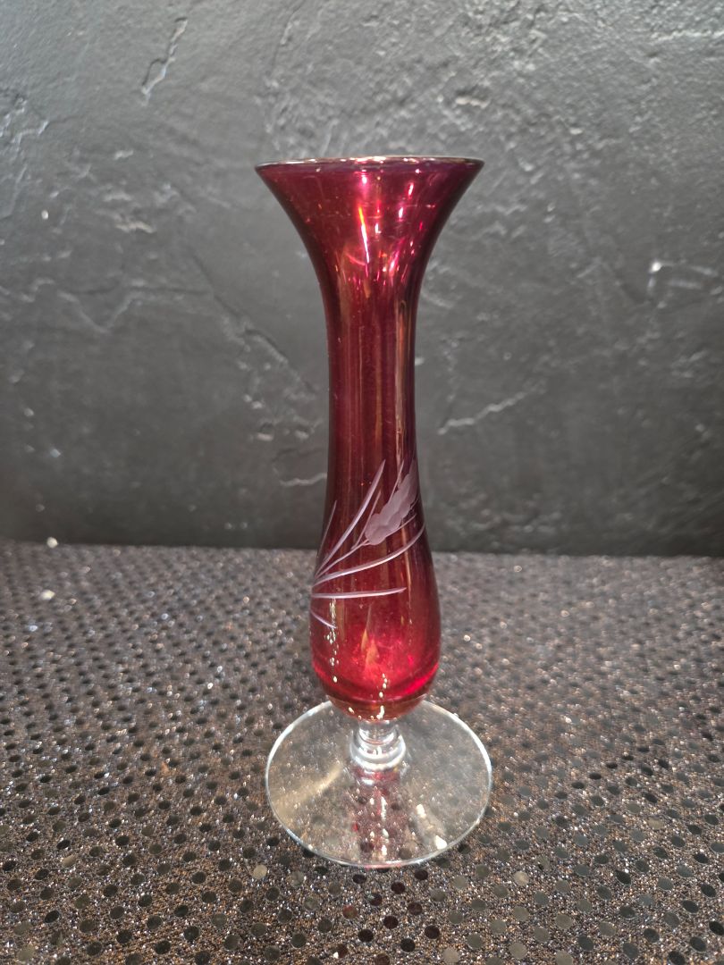 Cranberry Etched Glass Bud Vase