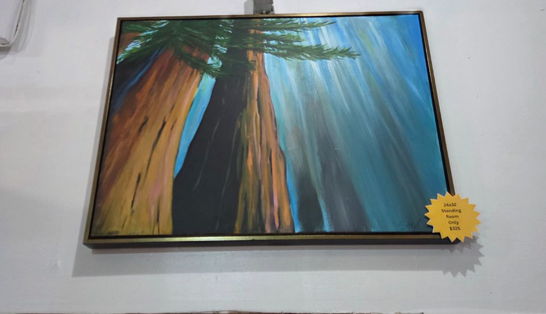 Wall Art - Original Acrylic Redwoods Painting "Standing Room Only" on Canvas w/ Floating Frame - Artist Signed by Sara Levin - 24"x32"