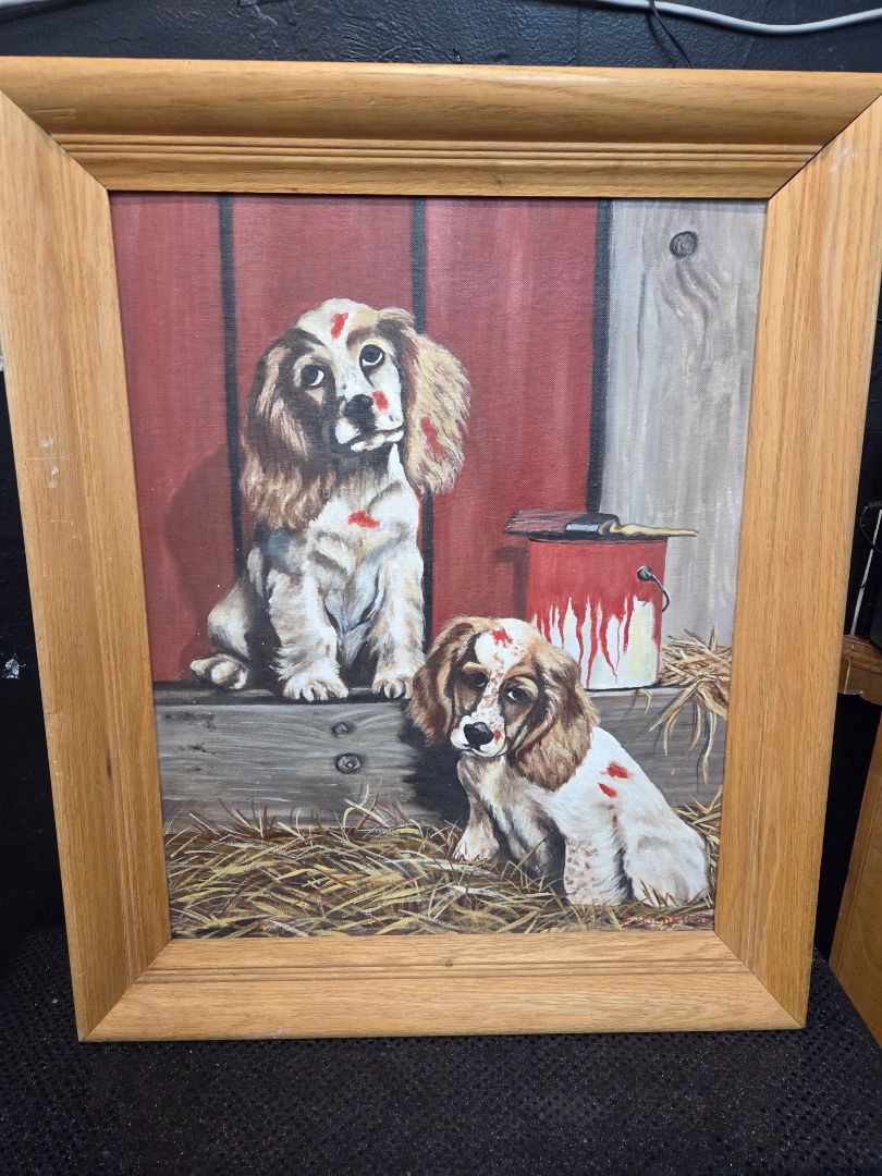 Artisan-Signed E. Holderby Oil Painting Cocker Spaniel Puppies