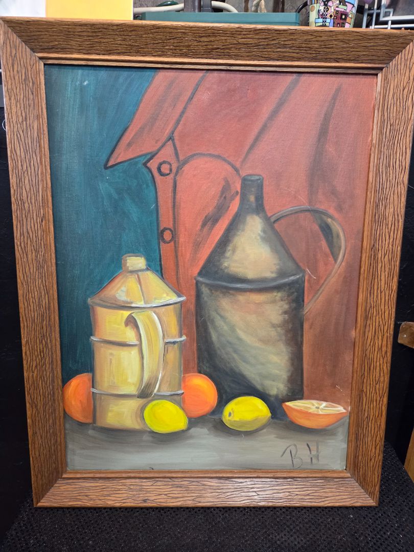 Artisan-Signed BH Framed Still Life Oil Painting jugs and fruit