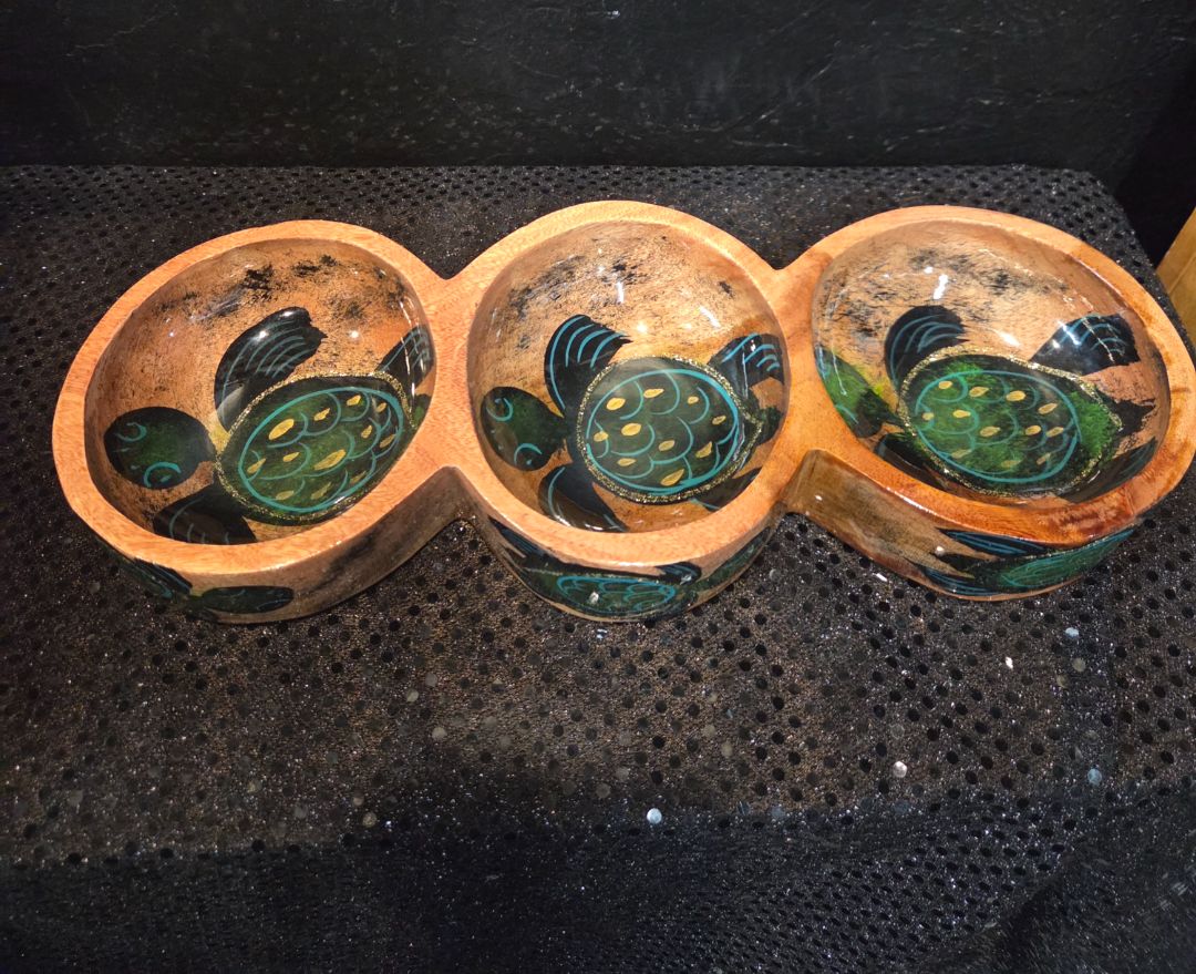 Hand Carved Wooden Triple Bowl Dish Painted Sea Turtle Tribal Decor