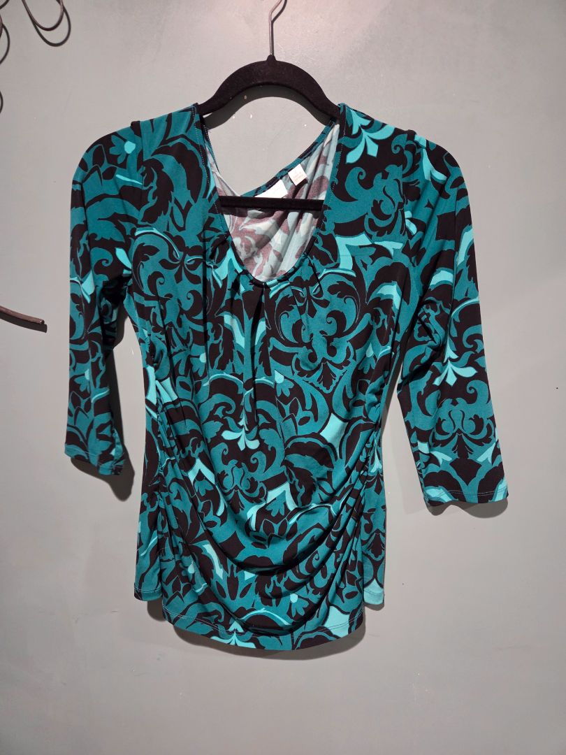 New York & Company Paisley Teal/Black Top Medium