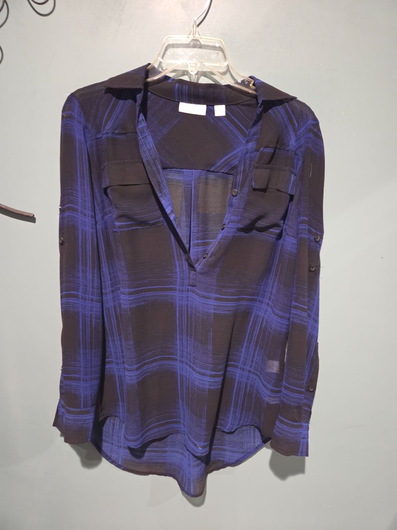 New York & Company Blue Plaid Sheer Long Sleeve top Small