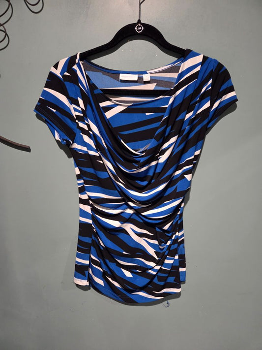 New York & Company Blue/Black/White Striped Top Xsmall
